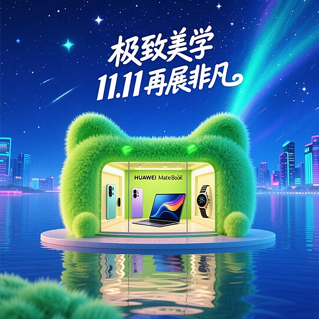软3D风毛发生长造型展台，融合未来感与梦幻霓虹城市夜景，卡通猫耳设计萌趣十足，科技感与可爱感交织，11.11节日氛围浓郁。