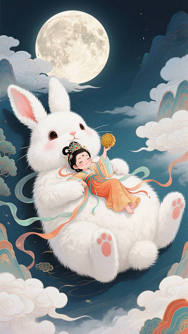 巨大的白色的毛绒绒的兔子躺着露着肚皮，一个嫦娥装扮的Q版小女孩躺在兔子肚子上手里拿着月饼，精美的头饰，背景有个超级大月亮，适当留白，轻浮于云海之上