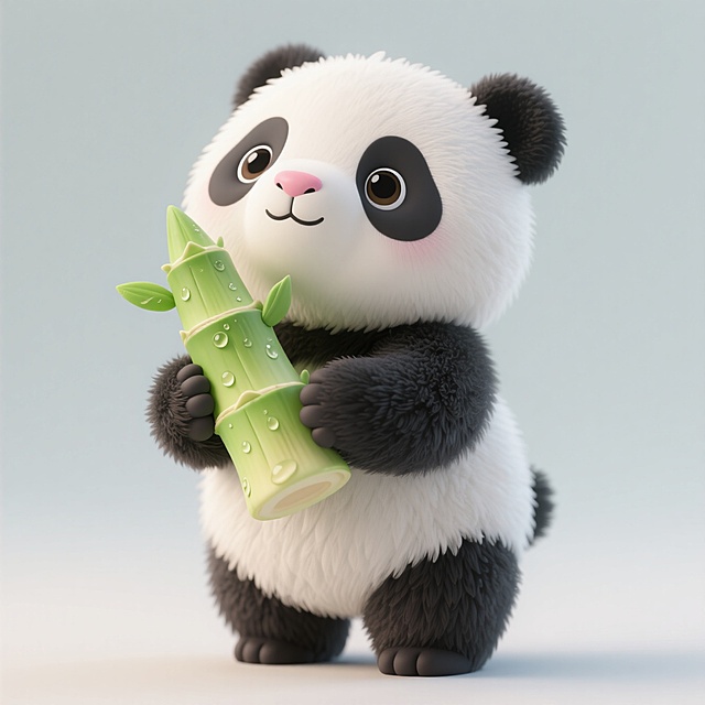 3D卡通熊猫，拟人化设计，毛发生长细腻，手持竹子，可爱感十足。