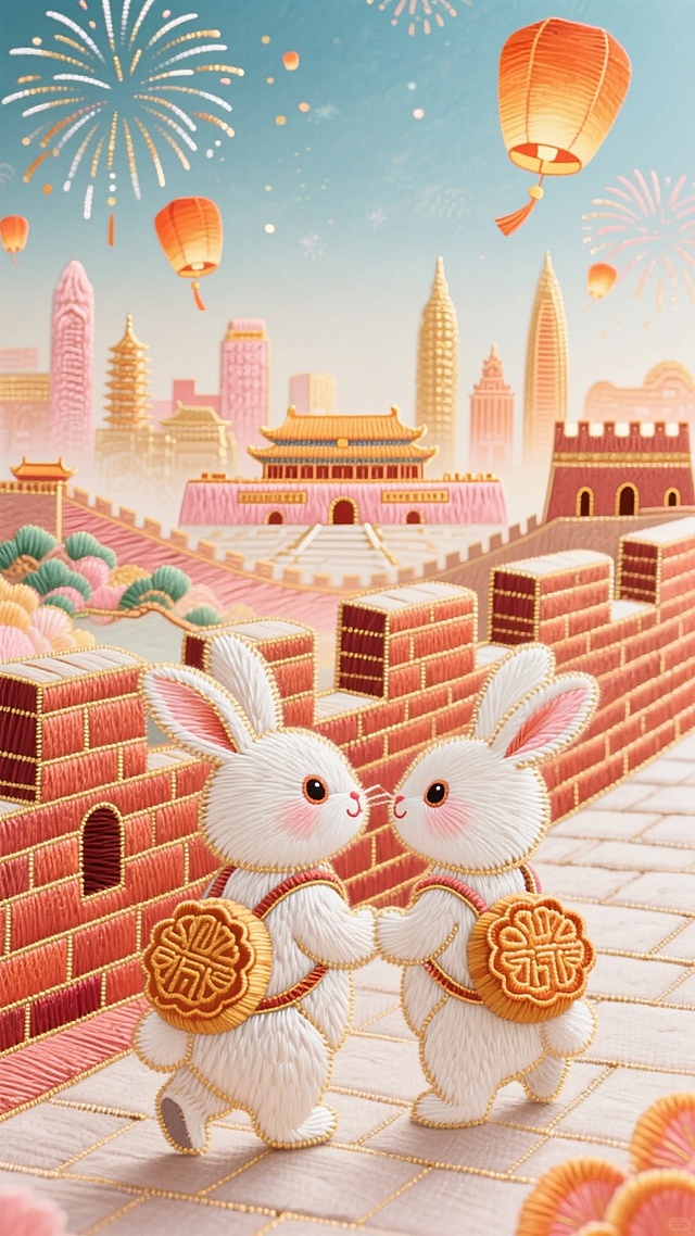 2只小兔子背着月饼小背包，在长城上，远处有国家地标建筑群，画面有序和谐干净，天上有烟火和孔明灯，暖橙粉金为主色调