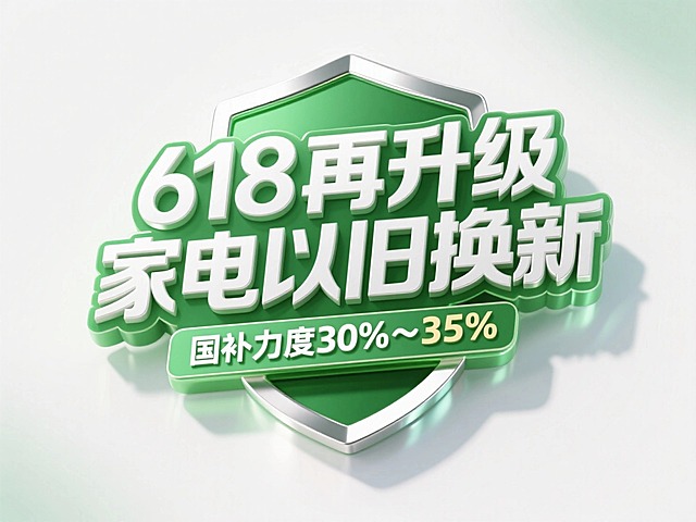 一个徽章，徽章上是白色金属质感立体大字“618再升级  家电以旧换新 国补力度30%～35%。整体配色为绿色为主，风格活泼醒目，突出文案，背景为白色渐变