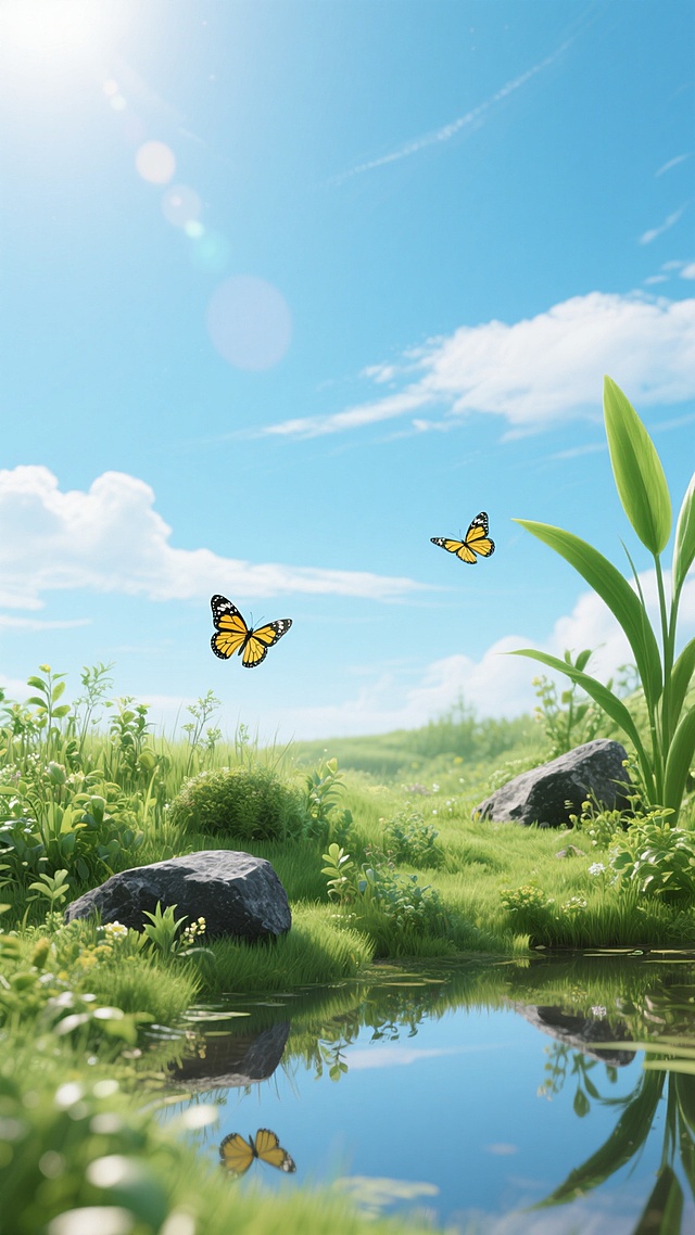 明亮通透的3D渲染自然场景，清澈的蓝天上飘着几缕白云，阳光从左上角洒下形成柔和的光晕和轻微的镜头眩光，前景是郁郁葱葱、层次丰富的绿色草地，点缀着不同种类的低矮植物和几块灰黑色岩石，右侧有几片修长的绿色叶片向上伸展，左下角有一汪平静的水面倒映着天空和植物，两只黄黑相间的蝴蝶在草丛上方轻盈飞舞，整体色调以清新的蓝绿色为主，光影过渡自然柔和，营造出宁静、生机勃勃的春日氛围。