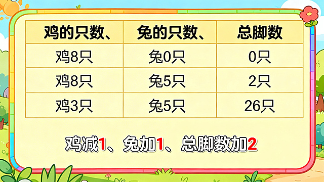 动态解题表格，表头为“鸡的只数、兔的只数、总脚数”，从“鸡 8只、兔0只”开始，逐行清晰排列数据，最终定位到“鸡 3只、兔 5只、总脚数 26只”，标注文字规律“鸡减1、兔加1、总脚数加2”，整体风格清晰直观，童趣风格，适合六年级小学生，分辨率1080P