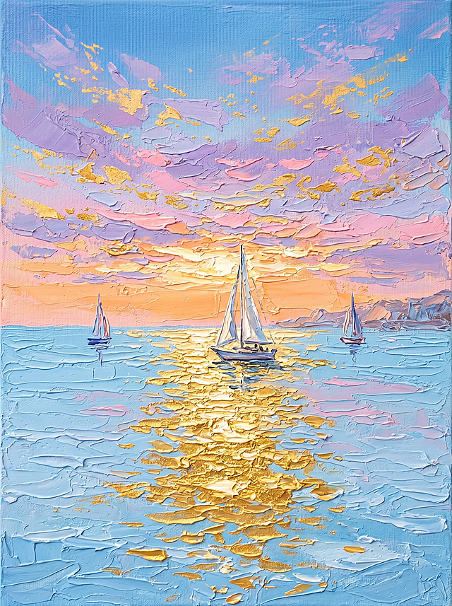 竖版印象派厚涂刮刀海景油画，全画布厚重立体凹凸刀刮肌理笔触，日出时分梦幻渐变天空，顶部澄澈宝蓝色，中层交织淡紫、浅粉、碎金色云层，地平线晕染蜜桃橙暖光，阳光穿透云层；浅蓝海面，画面正中一条宽阔璀璨金色阳光波光倒影，海面漂浮三艘帆船，中间帆船尺寸最大清晰，左右各一艘远处小船，柔和清透马卡龙配色，静谧治愈海边风光，哑光油画质感，构图干净完整，高清细腻，商用装饰画，无文字、无多余杂线