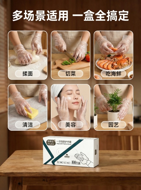 参考提供的两张一次性TPE手套详情页的温馨居家厨房风格、白色粗体大字+圆角透明标签排版逻辑，生成第7张详情页场景页：暖调厨房背景，六宫格圆角框展示不同使用场景：揉面、切菜、吃海鲜、清洁、美容、园艺，每预览效果