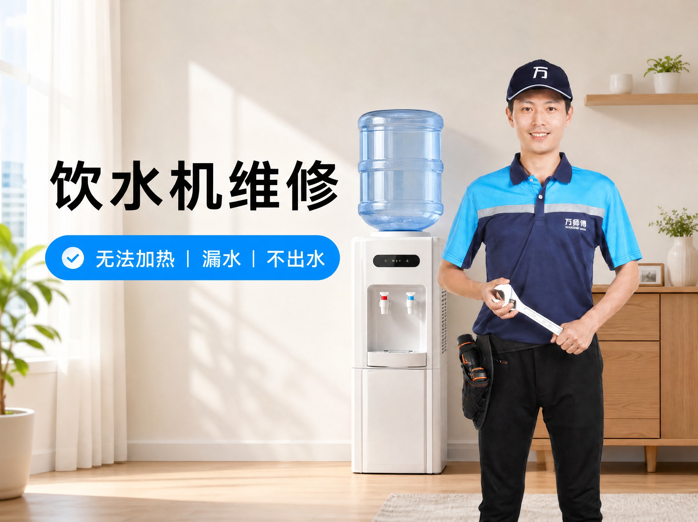 将背景替换为家庭饮水机场景，主标题文字修改为“饮水机维修”，删… - 图片创意预览