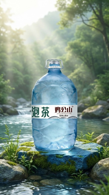 自然通透的户外山泉风格竖版手机海报，主体是大桶装鸡公山泡茶山泉水，保持产品原有Logo和文字内容不变，保持产品主体物理结构不变。放置在清澈的山涧溪流边的青石板上，周围有绿色杂草和原生石块，背景是朦胧的预览效果