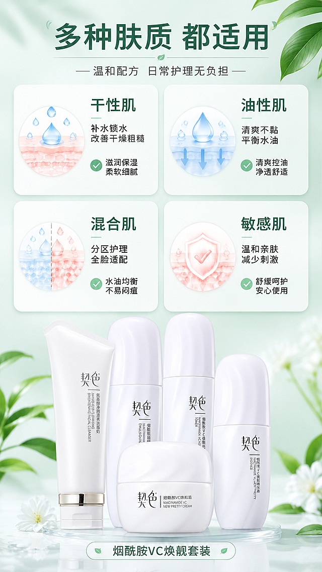 [第7屏] 适用肤质匹配页-4类肤质适配说明。本屏使用【图8】套装全家福产品作为底部产品展示。
[氛围/风格] 清新专业护肤风，卡片式布局，干净整洁，信息清晰，温和可信。
[元素布局] 画面中上区域为4张肤质卡片2×2网格排列；每张卡片为圆角矩形，内有肤质示意图标/纹理+肤质名称+适用理由；卡片下方放置套装产品全家福小图，占比约25%，产品外观与输入图一致；背景为浅薄荷绿渐变，带有细微的植物叶片纹理点缀；整体清爽温和。
[光影质感] 均匀柔光，卡片有轻微投影，产品有自然光影，整体明亮干净。
[配色色系] 全局底色 #F0F7F4 浅薄荷绿渐变；主色白色卡片；辅助色淡绿、浅米色；文字色深绿灰。
[视角构图] 上卡下品构图，阅读动线顶部标题 → 4张卡片 → 底部产品。
[文字版式] 顶部居中主标题「多种肤质 都适用」大号字，副标题「温和配方 日常护理无负担」小字；4张卡片分别为：「干性肌 补水锁水 改善干燥粗糙」「油性肌 清爽不黏 平衡水油」「混合肌 分区护理 全脸适配」「敏感肌 温和亲肤 减少刺激」；卡片文字清晰，图标简洁；底部产品旁有「烟酰胺VC焕靓套装」小字。
[比例分辨率] 9:16 竖版比例，4K分辨率，文字清晰可辨，高清画质。
[负向提示词] 产品变形，缺件错件，瓶身文字错乱，医疗图标，治疗承诺，水印，文字过小，极限词。