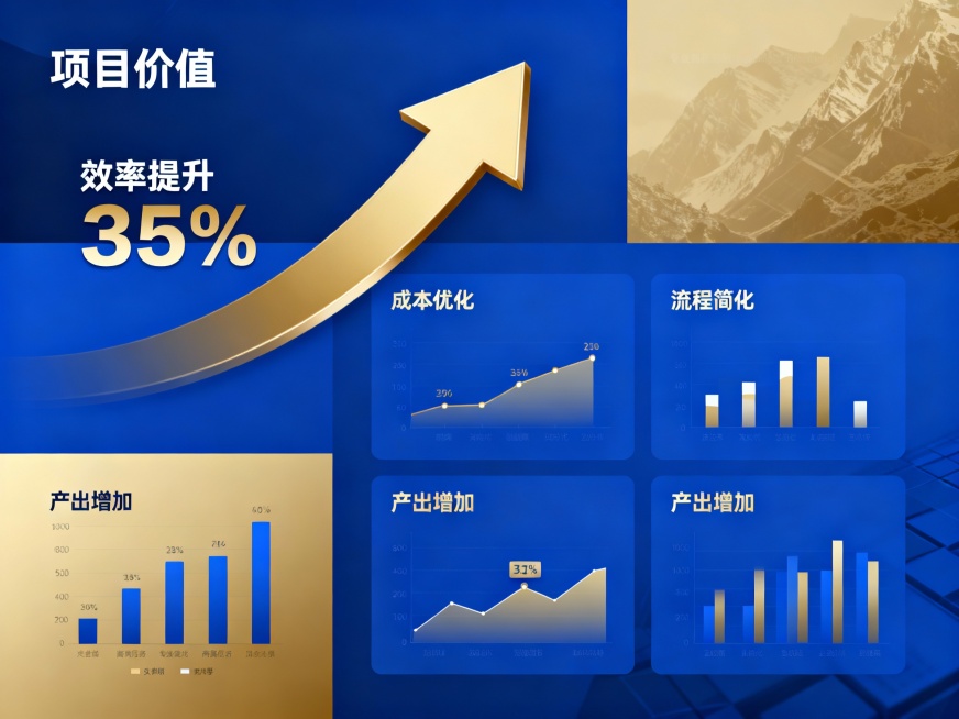 科技商务风方案：专业蓝金配色，模块化分栏布局，突出数据图表与流程箭头，强化系统严谨性预览效果