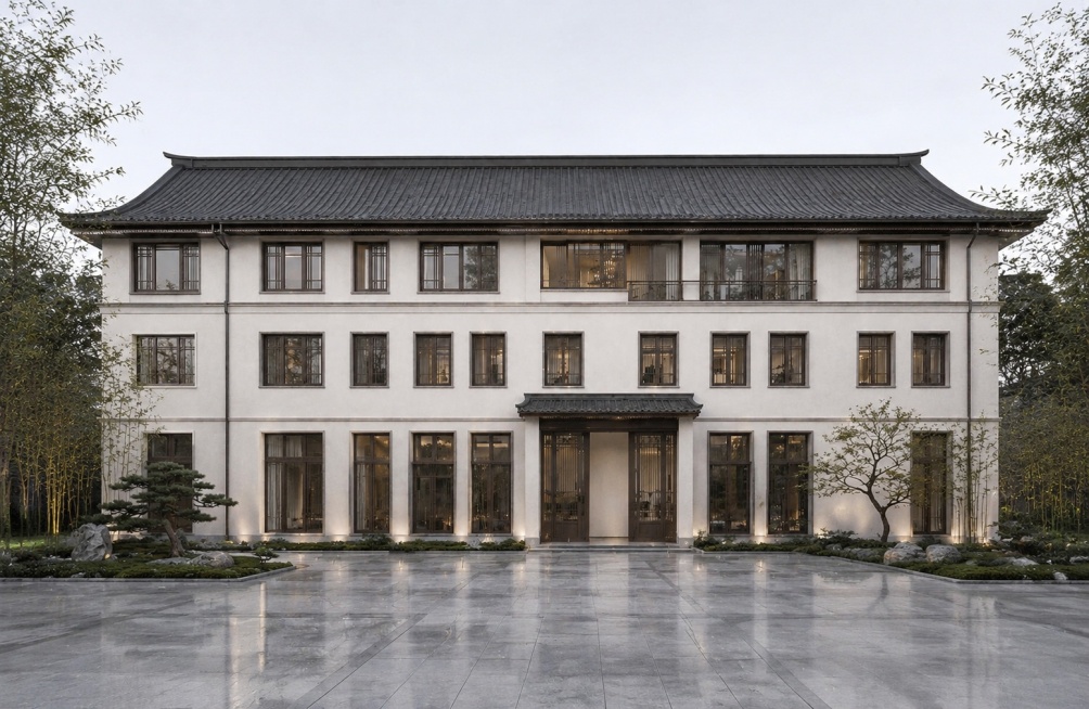 去掉图片两侧的围墙，地面不要台阶，完整展现出建筑一层的窗户预览效果