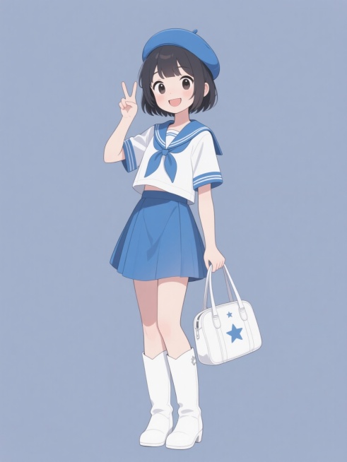 二次元风格立绘，一个穿着蓝白配色水手服的短发少女，头戴蓝色贝雷帽，脚踩白色长筒靴，右手比耶，左手提着一个印有星星图案的白色手提包，面带微笑，纯色背景，整体画面清新可爱，线条流畅，色彩鲜明，细节丰富。预览效果