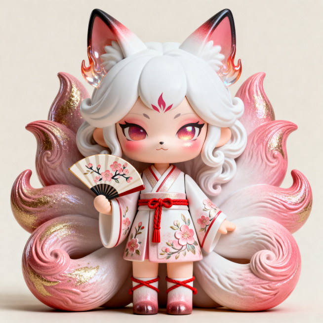 正面展示的九尾狐·桃花款泡泡玛特风格潮玩，3D立体Q版可爱形象，哑光树脂材质，耳朵内毛发呈半透明火焰状，眉心彰显九尾狐灵力，手持折扇，扇面绘制带有桃花图案，尾巴上有浮雕，呈烟粉胭脂哑光，纹路处嵌浅金细预览效果
