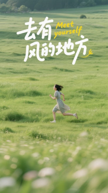 写实摄影风，远景，广袤的绿色草地中，有一位奔跑的连衣裙少女，动态模糊处理。标题内容为白色艺术字"去有风的地方”，黄色英文小字"Meet yourself”装饰点缀预览效果