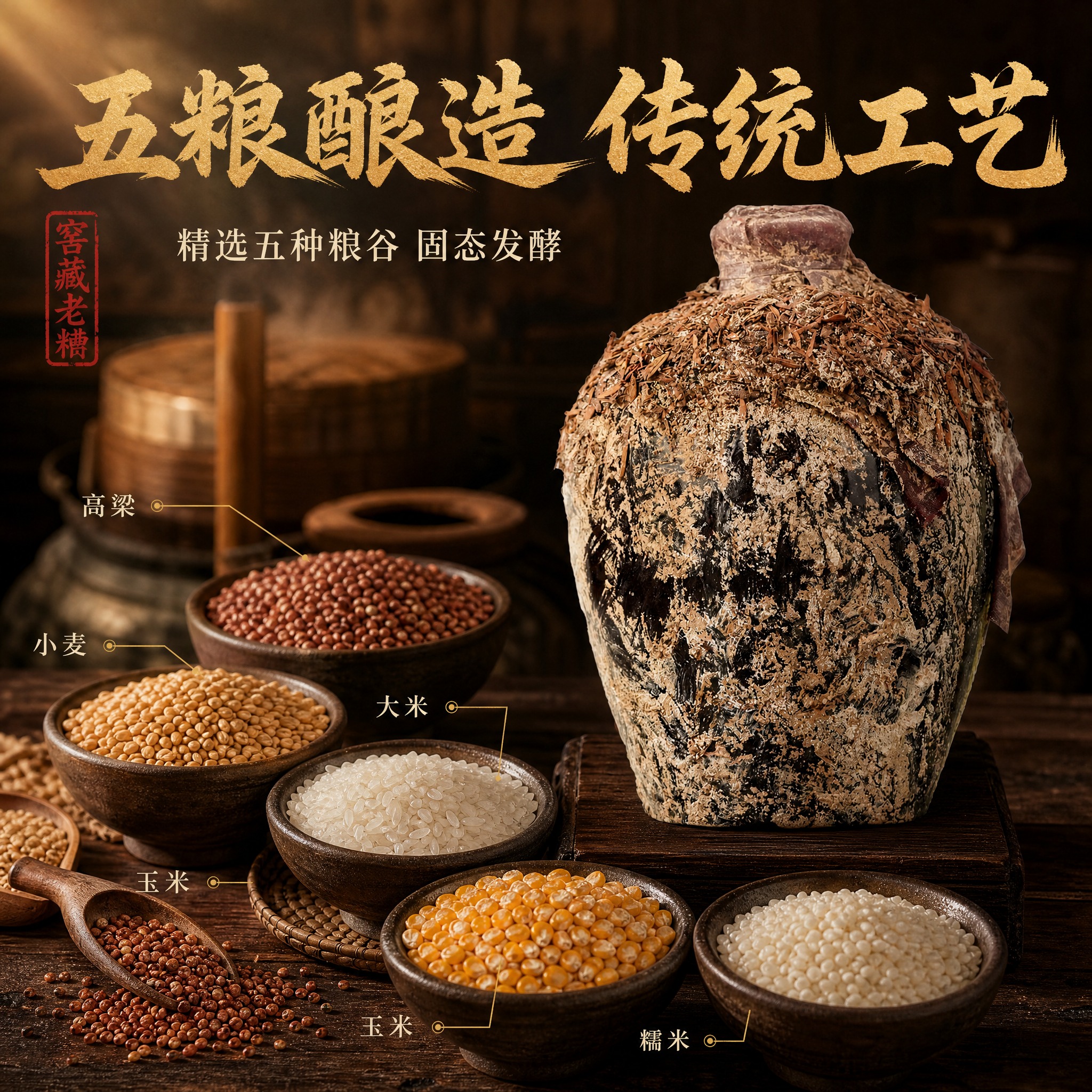 [主图-2] 原料溯源 五粮酿造工艺展示。 [统一基调] 国风… - 图片创意预览