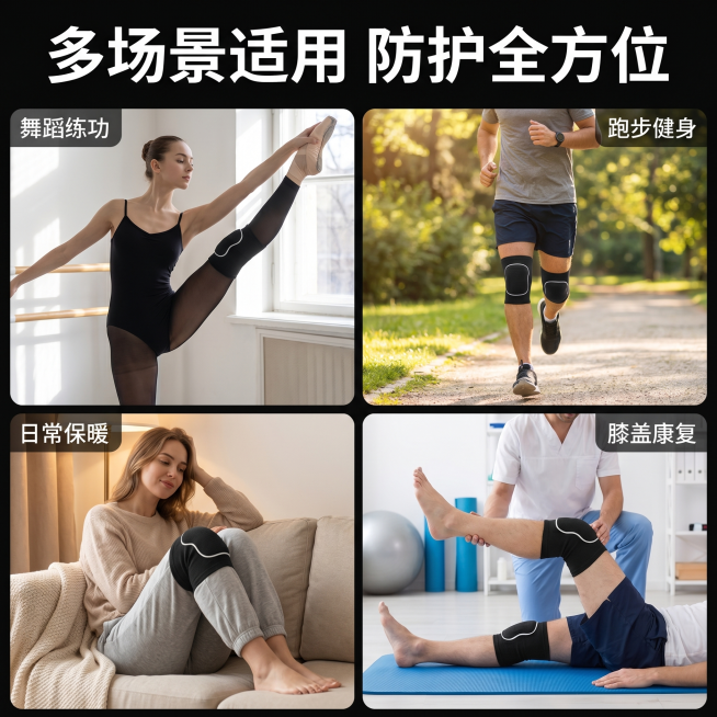 [主图 4] 舞蹈护膝多场景适用展示，四宫格场景布局；[氛围风格] 真实自然生活化展示；[画质] 商业摄影质感、光线明亮自然、产品清晰真实、画面干净高级；[元素] 四宫格布局展示四个不同适用场景：舞蹈预览效果