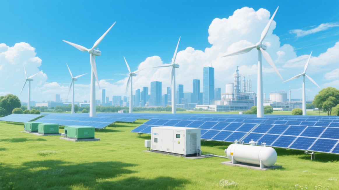 超写实风格的新能源发电场景，画面主体为多组现代化风力发电机与大面积蓝色太阳能电池板阵列，前景有白色储能设备箱与储气罐，整体构图采用三分法布局，主体元素分布均衡且富有层次感。主色调为清新的蓝绿色系，天空呈现明亮通透的蔚蓝色，点缀着形态饱满的白色积云，光线为柔和的正午阳光，在地面形成清晰的短阴影，草地呈现鲜嫩的绿色并带有细腻的质感。城市天际线作为远景，由现代化高楼与工业设施组成，与近景的绿色能源设……预览效果