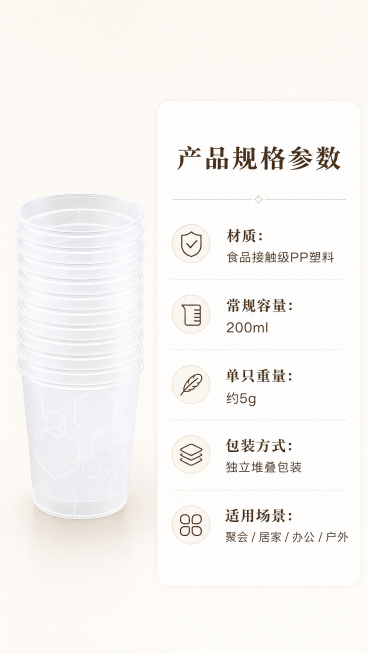 [第7屏] 产品规格参数信息卡，展示本款一次性硬质航空杯的详细规格信息。本屏使用【图1】作为产品参考，保持产品外观和图1一致，不添加其他杯子。
[氛围/风格] 清晰信息卡风格，干净简约，信息层级明了，预览效果