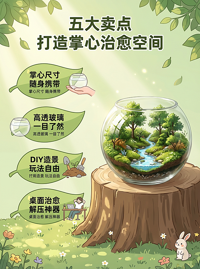 [主图 2] 核心卖点，森林卡通风格，优化排版互动。[氛围风格] 清新治愈森林风，生动卡通氛围，真实产品质感。[画质] 商业摄影质感，清晰通透。[元素] 横向排版，右侧掌上鱼缸成品造景放在树桩木桌上，鱼缸里微观森林造景清晰可见，左侧四个卖点用卡通叶子形状框承载，每个卖点搭配对应卡通小插画，背景是浅绿色森林草地，散落小野花，角落配一只卡通小兔子。保持产品外观与原图一致，排版透气不拥挤。[光影] 上午林间自然光，明亮柔和，突出通透玻璃质感。[配色] 低饱和莫兰迪绿系，清新不刺眼。[文字版式] 四个叶子卖点框从上到下：1.掌心尺寸 随身携带；2高透玻璃 一目了然；3DIY造景 玩法自由；4桌面治愈 解压神器。每个标题加粗，说明文字字号更小，对比清晰。顶部大标题 "五大卖点 打造掌心治愈空间"。[比例分辨率] 3:4 比例，2k 分辨率；文字清晰锐利，画面超高清。[负向提示词] 变形，水印，文字错乱，产品图模糊，背景杂乱，颜色刺眼，遮挡主体