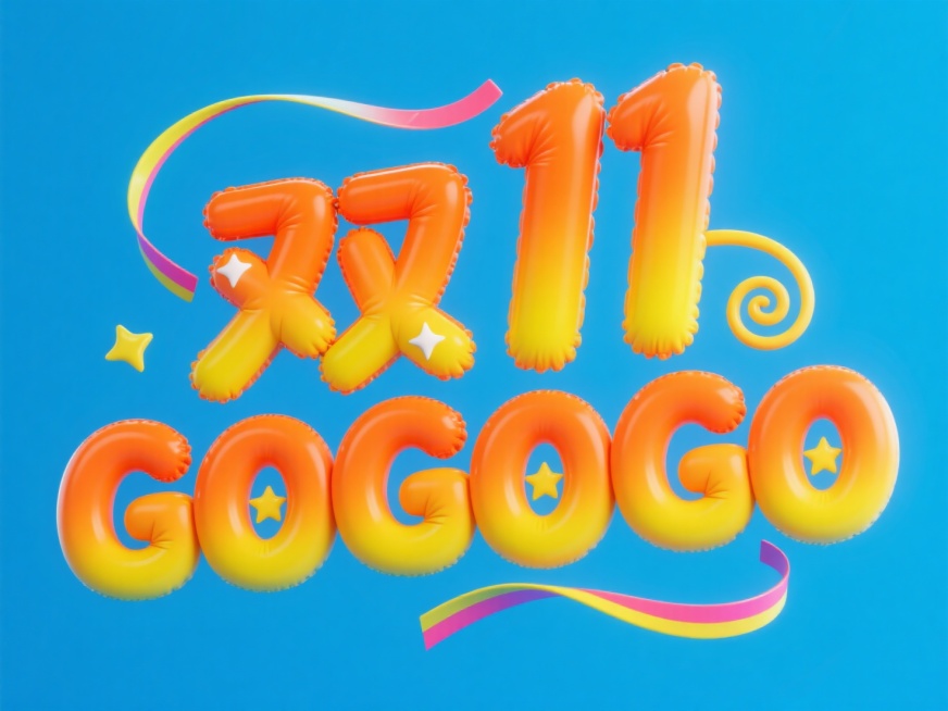 3D充气字体设计“双11 GOGOGO”字样，亮橙色 + 荧光黄渐变，表面带细腻光泽（类似原图立体字的胶质反光），字体膨胀饱满，蓝色背景预览效果