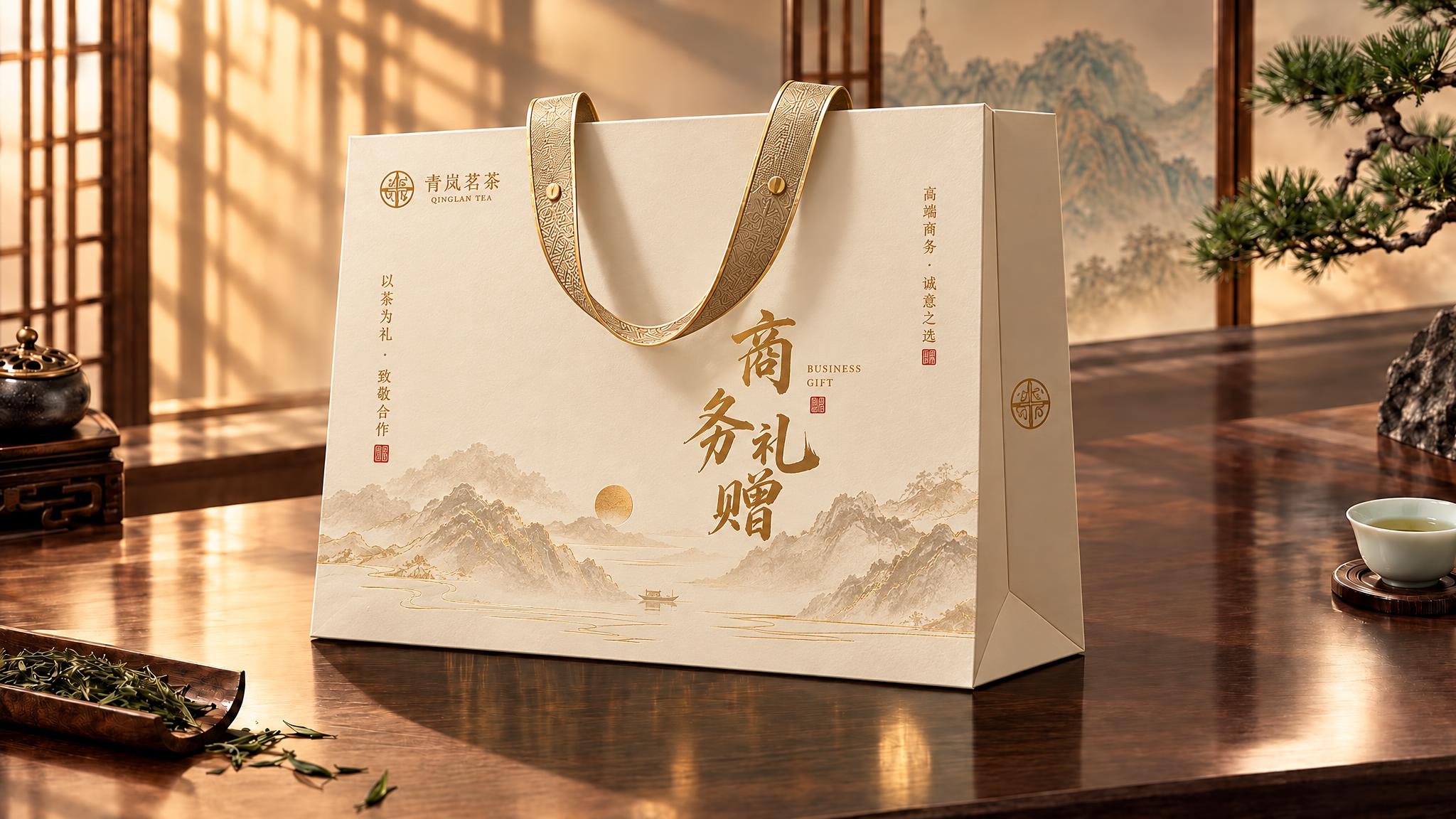 将手提袋主题更换为商务礼赠主题，主色调改为米白金配色，保持高端… - 图片创意预览