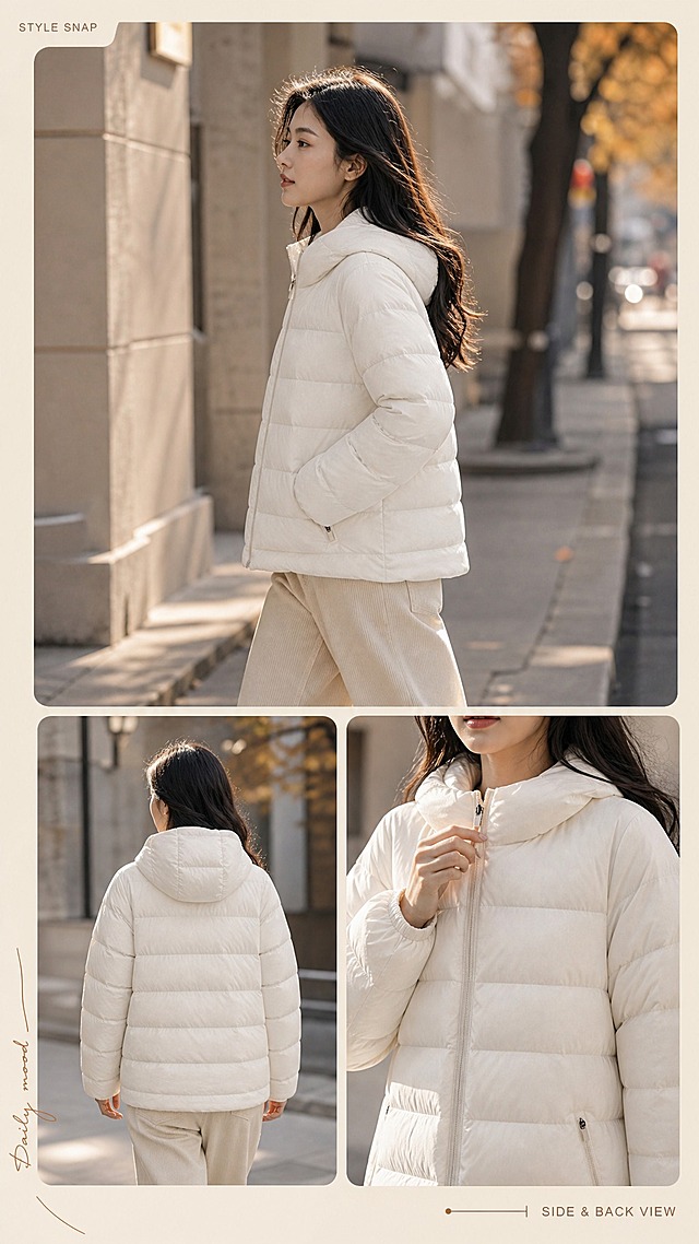 [商品] 使用【图1】奶白色连帽短款轻薄羽绒服；商品处理：保留连帽设计、中央拉链、横向绗缝结构、两侧拉链口袋、袖口版型、奶白颜色和轻薄羽绒面料；自然去除衣身杂乱褶皱，理顺垂坠，增强面料纹理、缝线、拉链和五金质感，不改变版型和结构。
[画面] 页面目标：模特补充姿态展示，侧面与动态效果。构图：上下拼贴，上方大图为模特侧身行走姿态（展示侧面廓形和连帽效果），下方左小图为背面视角（展示后背版型），下方右小图为上半身特写（手拉拉链的动态细节）；同一模特，同一套穿搭；背景为户外街道浅景深效果，暖调秋日氛围。
[视觉] 套系策略：风格=韩系极简高级杂志画报风；标题字=现代无衬线粗体中文；正文字=纤细无衬线体；主色=奶白米杏；背景延展=基于奶白米杏做深浅层级、同色渐变和细腻织物/哑光墙面质感；强调色=焦糖棕，仅用于小面积图标、引线和标签；标题色=深炭灰；正文色=中暖灰；组件=圆角浅底信息卡、细线引线、手写英文小字装饰；光影=左前侧暖柔自然光。
[文字] 左上角小号英文"STYLE SNAP"，右下角"SIDE & BACK VIEW"；无中文卖点，文字均为横排且字号小，不抢画面。
[规格] 图片比例9:16竖版，4K，避免变形、错字、文字过小、冷蓝/蓝灰背景、衣服颜色改变、版型失真、绝对化用语。
