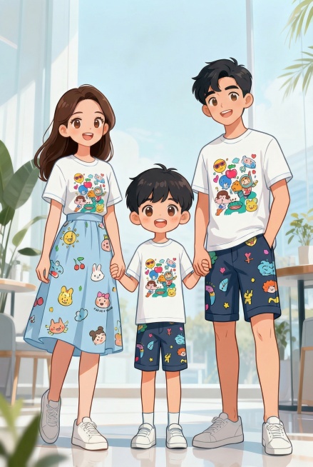 保持原图内容不变，一家三口穿着新潮卡通夏季亲子装，维持画面内容和风格预览效果