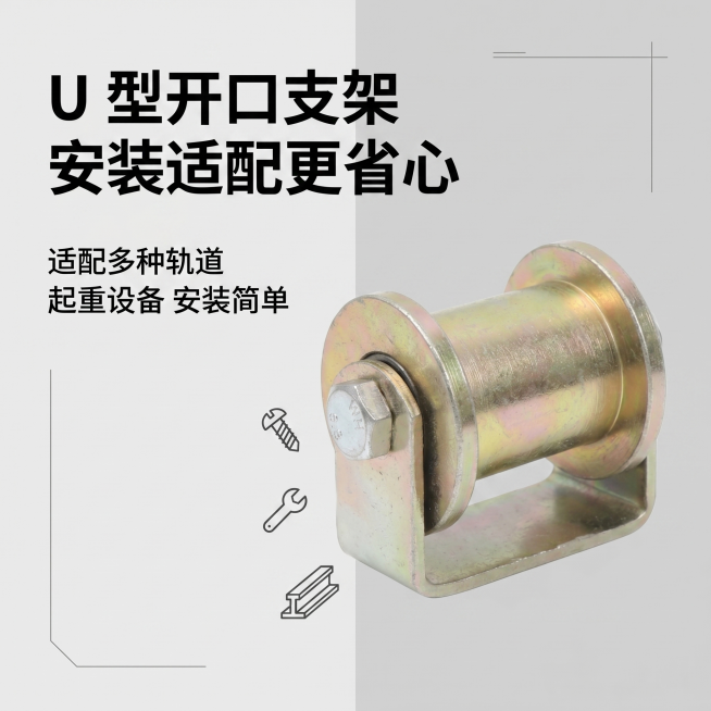 1:1 竖版电商主图，严格还原上传的镀锌U型导向滑轮产品图细节，尺寸比例保持1:1。背景为浅灰低饱和工业背景，搭配简约的线条装饰，强化杂志排版感。画面采用左侧文字 + 右侧产品的分栏排版：主标题为加粗预览效果