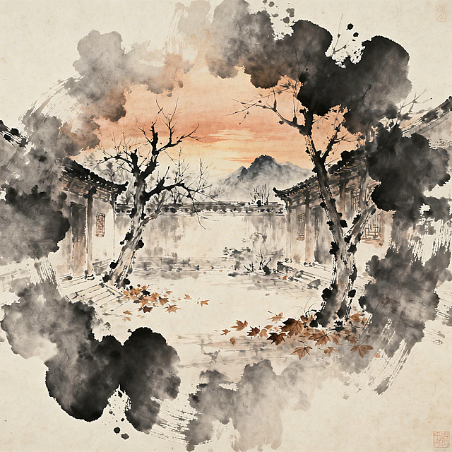 黑屏开场，水墨墨迹从屏幕中心向外晕开，逐渐显露出画面：深秋黄昏的宋代庭院，有枯树和落叶，远处隐约可见寒山。整体色调为墨灰、深褐、淡赭，带有仿宣纸纹理的中式水墨画风格。