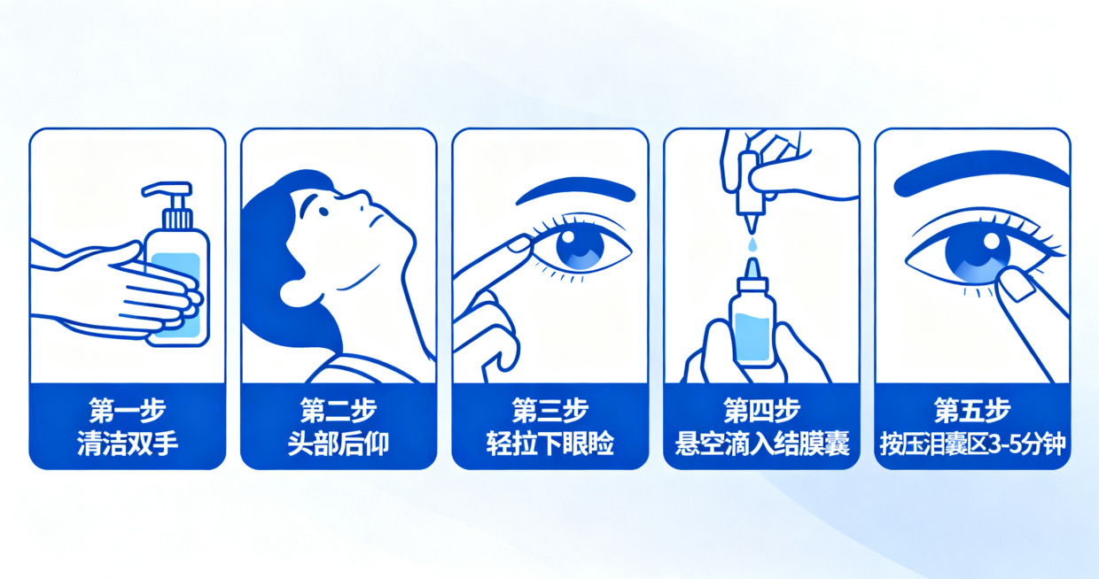 医疗科普插画，展示青光眼患者滴眼药水的五个正确步骤：第一步清洁双手，第二步头部后仰，第三步轻拉下眼睑，第四步悬空滴入结膜囊，第五步按压泪囊区3-5分钟，配图标注清晰步骤文字，医疗科普风格，清晰易懂预览效果