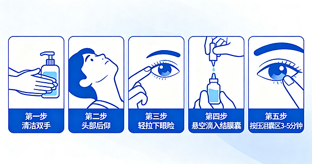 医疗科普插画，展示青光眼患者滴眼药水的五个正确步骤：第一步清洁双手，第二步头部后仰，第三步轻拉下眼睑，第四步悬空滴入结膜囊，第五步按压泪囊区3-5分钟，配图标注清晰步骤文字，医疗科普风格，清晰易懂