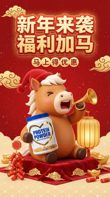 主体元素：一只圆滚滚软萌的卡通小马，通体暖棕色带白色鬃毛，头顶歪戴红色毛绒新年小帽，坐在铺着金色祥云纹红绒布的地面上；左前蹄抱着一罐蛋白粉罐，右前蹄举着小喇叭凑在嘴边，嘴巴微张呈吆喝状，眼神灵动带笑意预览效果