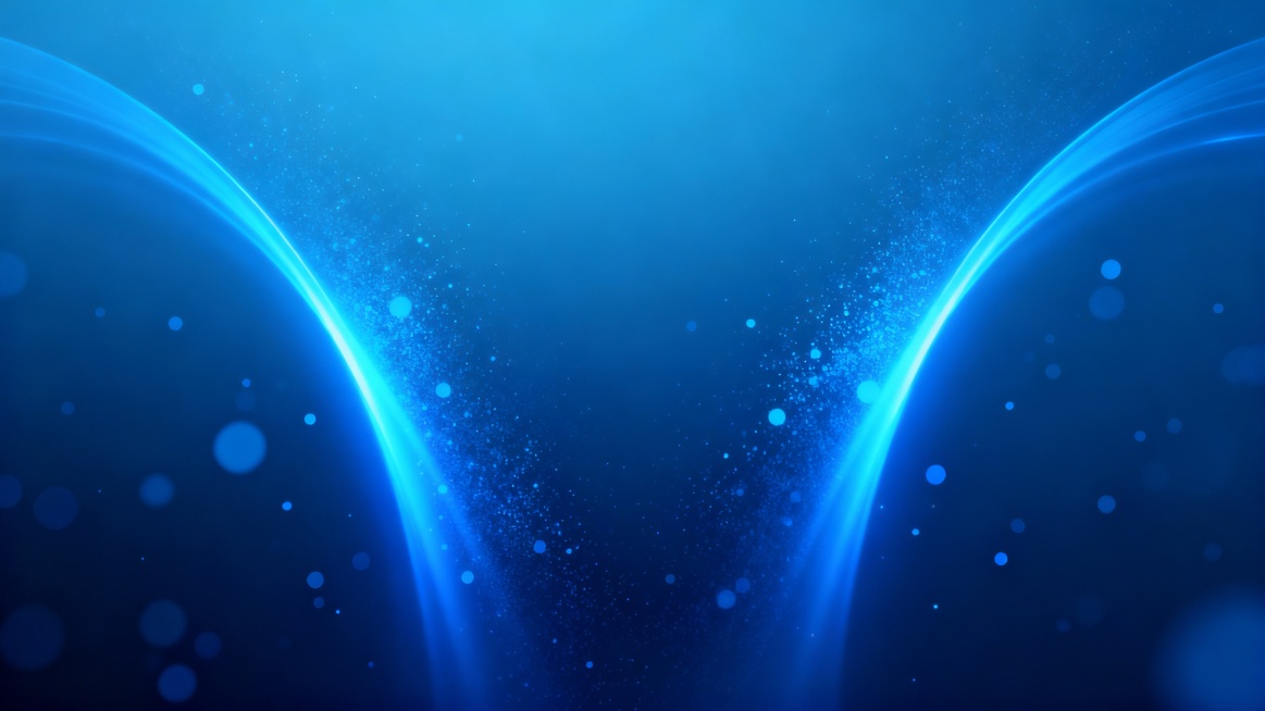 科技感蓝色渐变背景，两侧有弧形的蓝色光线束向上延伸，背景中散布着大小不一的粒子，营造出深邃的空间感和未来科技氛围，整体色调以蓝色为主，光线柔和且具有流动性，画面比例16:9。预览效果