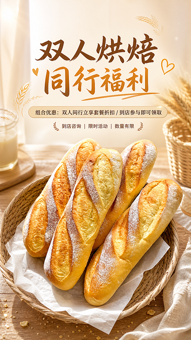 以这张法棍面包为主体，生成一张9:16的面包套餐促销短视频封面海报，主题文案是"双人烘焙同行福利"，添加内容介绍组合优惠和到店参与方式，营造温馨满满的烘焙氛围感