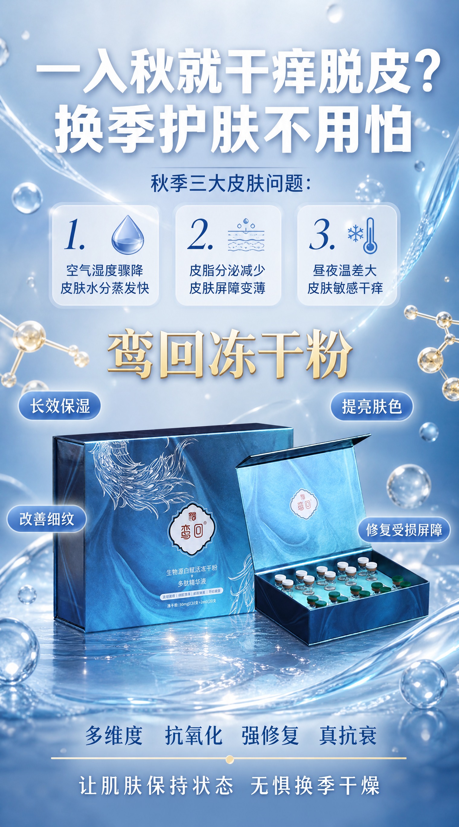 美妆护肤商业海报，竖版，清透高级水光感风格，蓝金配色。【图1】… - 图片创意预览