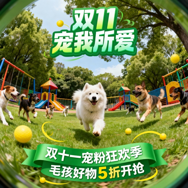鱼眼镜头视角，户外宠物乐园场景，绿色草地，彩色游乐设施，茂密树木，画面核心是一只奔跑的萨摩耶犬，周围有多只不同品种的狗狗互动玩耍，上方有绿色渐变的“双 11 宠我所爱”艺术字，下方有绿色丝带标语“双十预览效果
