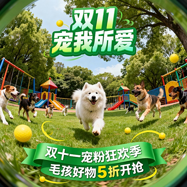 鱼眼镜头视角，户外宠物乐园场景，绿色草地，彩色游乐设施，茂密树木，画面核心是一只奔跑的萨摩耶犬，周围有多只不同品种的狗狗互动玩耍，上方有绿色渐变的“双 11 宠我所爱”艺术字，下方有绿色丝带标语“双十一宠粉狂欢季 毛孩好物 5 折开抢”，点缀黄色小球和曲线装饰，整体风格活力满满，欢快氛围，高饱和度，明亮色调，动态模糊效果，超广角畸变