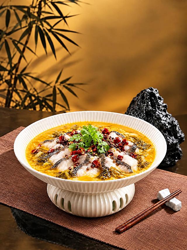 去除图片中所有文字，包括左上角的'江南宴 JIANGNAN BANQUET'、中间的竖排小字、右上角的'金汤酸菜鱼'书法大字、左下角的'05/26 North/South'、右下角的'一席京宴/一梦南北'，以及所有文字元素。保留画面中所有景物：暖金色背景、竹叶竹影、黑色灵璧石、棕色餐垫、白色竖纹镂空陶瓷汤碗、金汤酸菜鱼（黑鱼片、金黄色酸汤、干辣椒、花椒、香菜）、筷子和筷架。纯美食摄影画面，无任何文字，新中式高端风格，光影柔和精致