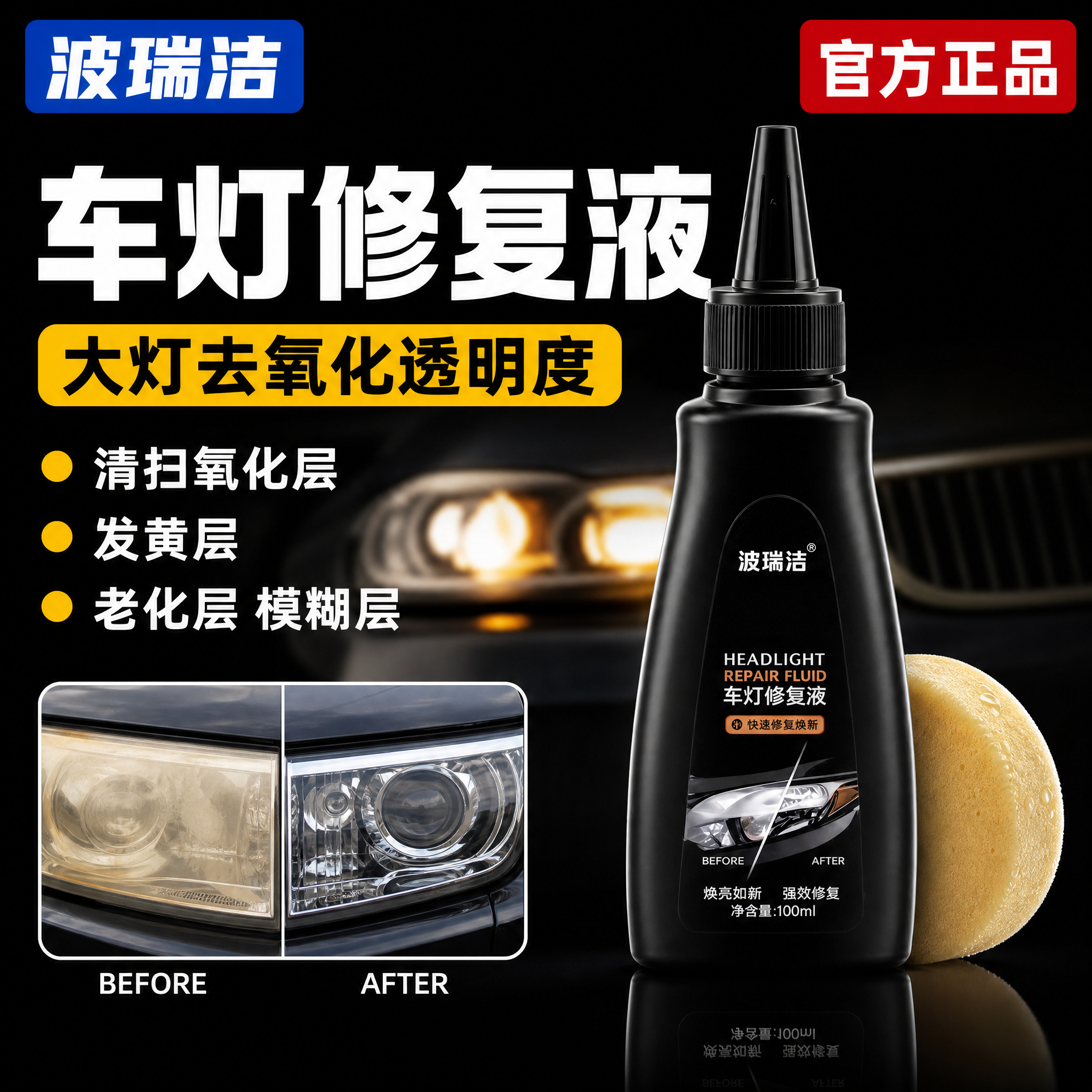 [单张主图] 波瑞洁车灯修复液电商产品主图，黑底简约高级汽车用… - 图片创意预览