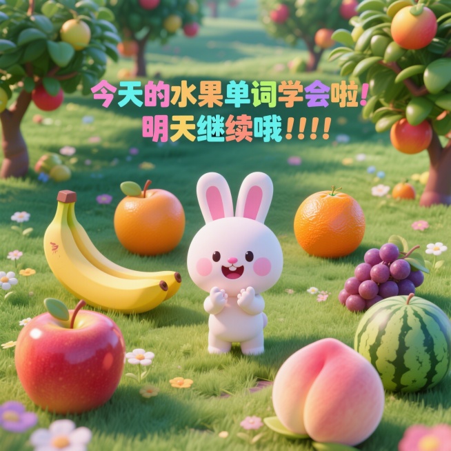 角色：3D卡通小兔（粉白配色，圆滚滚，表情可爱，全程出镜，动作贴合场景）背景：3D彩色果园背景（草地、果树、小花朵，色调明亮柔和，所有图片背景统一，不添加多余杂物）图片要求：高清、3D质感清晰，水果色预览效果