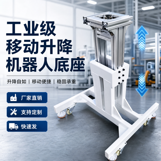 淘宝主图1，产品放中间，背景干净工厂车间，大字文案“工业级移动升降机器人底座”，小字文案“升降自如 | 移动便捷 | 稳固承重”，标签“厂家直销 / 支持定制 / 快速发”，加上升降方向动态箭头示意，预览效果