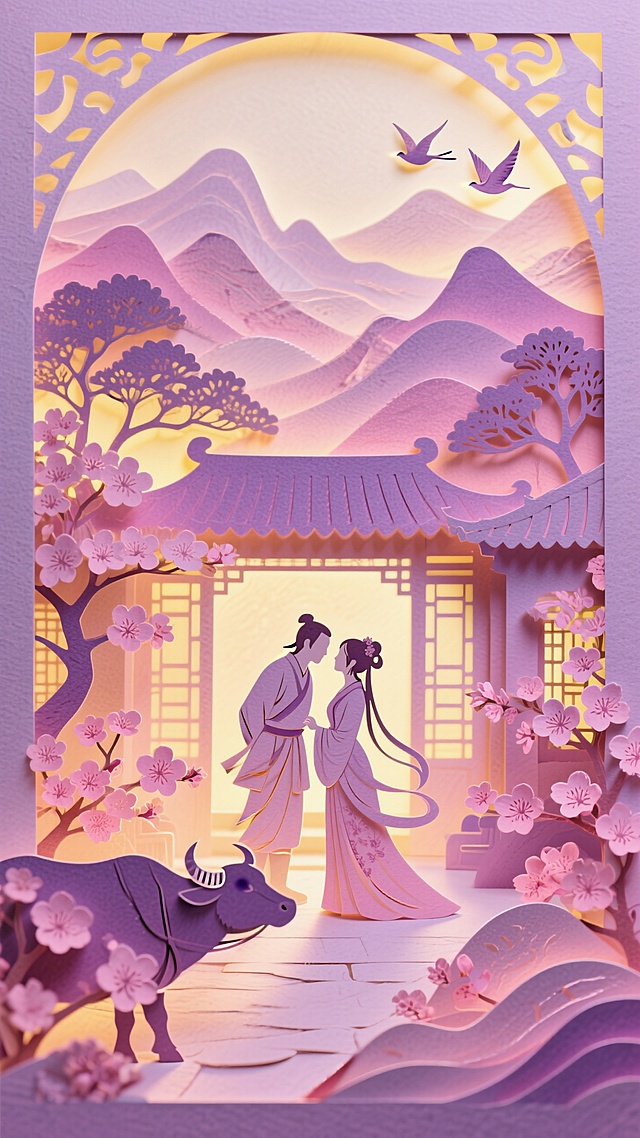 紫粉色为主色调，背景强透光，镂空效果。牛郎织女庭院相会，盛开的桃花，背景层叠山峦、树木，飞鸟。