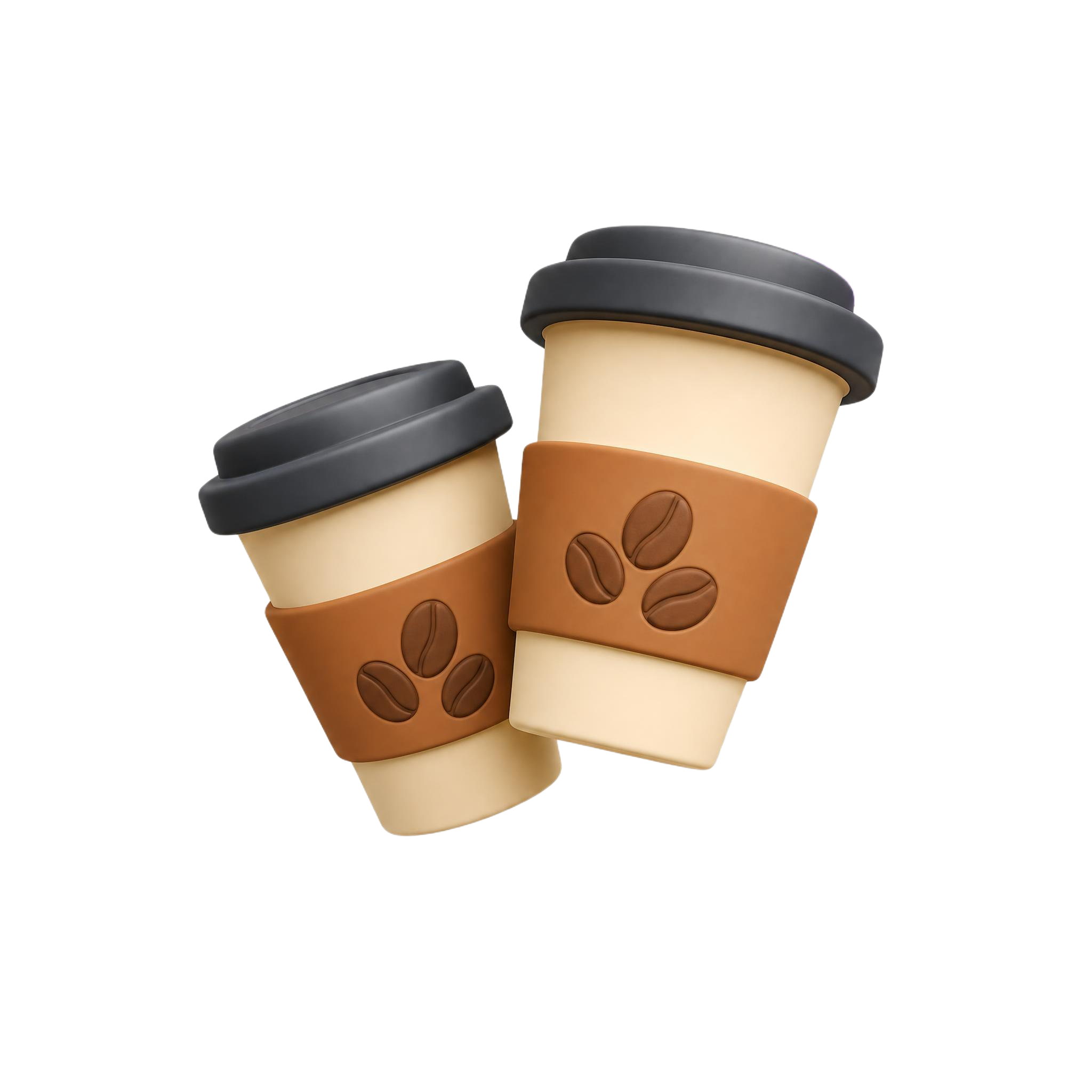 参考图3D C4D风格，两个带黑色杯盖的米色咖啡杯，杯身棕色杯… - 图片创意预览