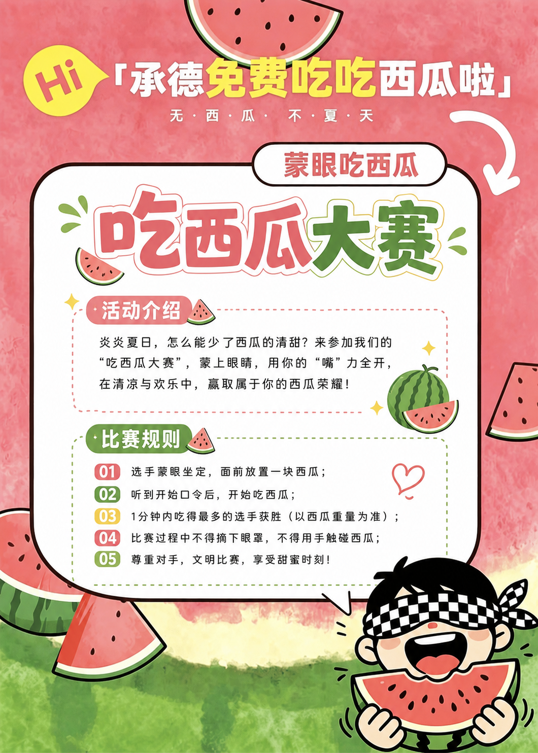 在图片中间白色区域添加文字排版，标题写吃西瓜大赛，下面写活动介… - 图片创意预览