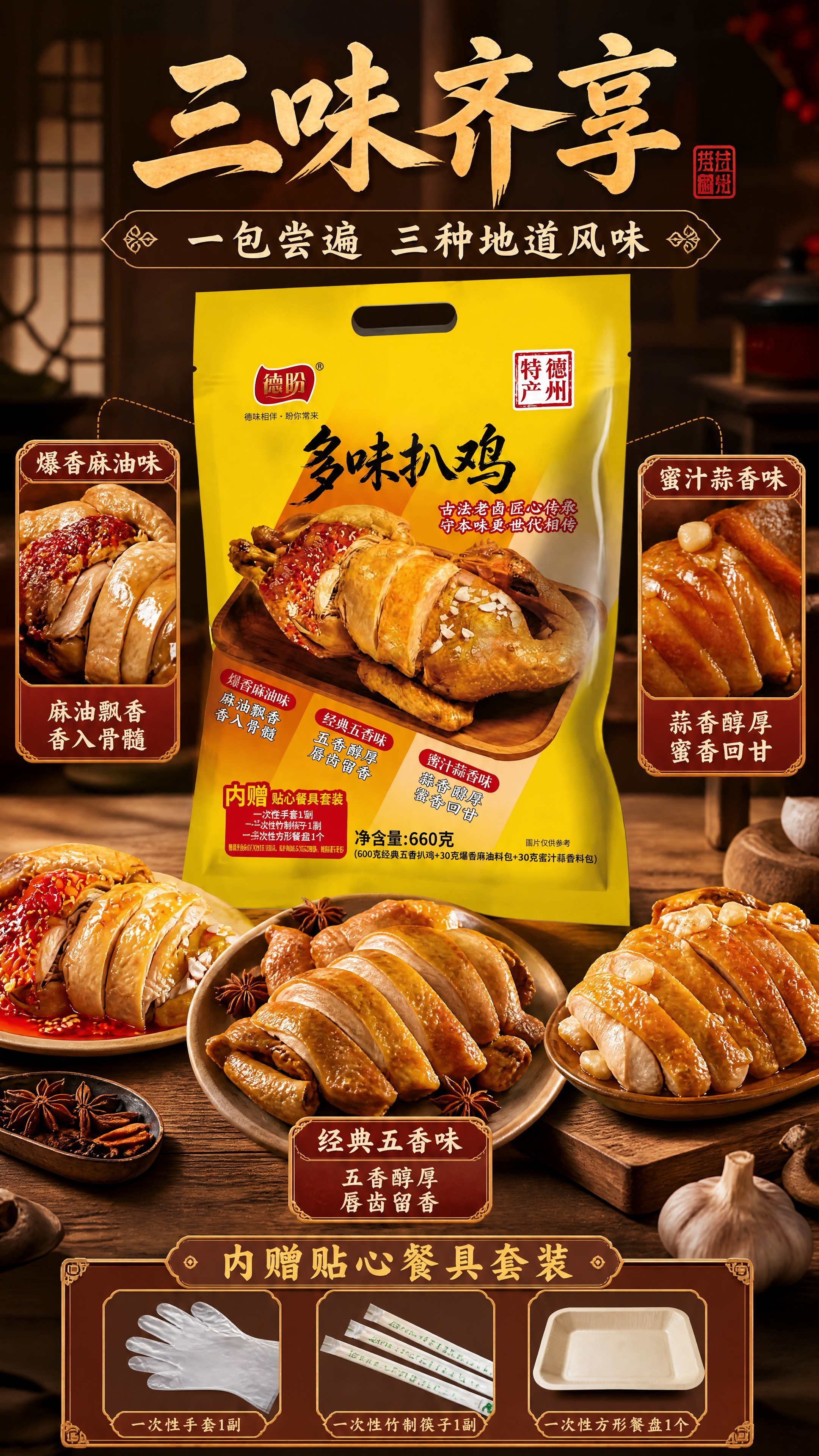 [商品] 使用【图1】德盼多味扒鸡黄色包装袋产品图；完整保留包… - 图片创意预览
