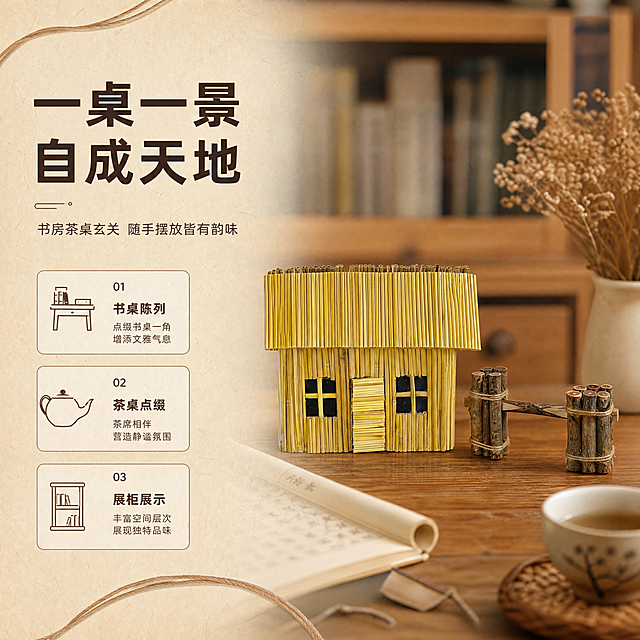 [商品] 使用【图1】【图5】迷你茅屋配小捆柴文创摆件；保留茅屋与柴捆的造型、颜色、材质、结构比例；自然融入书房茶桌场景，保持商品原貌不变，不改变尺寸比例。
[画面] 页面目标为场景种草，展示摆件在真实空间中的装饰效果；左文右图构图，商品主体占画面55%，摆放在木质书桌上，旁边有书卷、茶杯、干花等文艺道具；前景桌面纹理，中景为商品与桌面道具，后景虚化的书架或白墙；营造静谧雅致的书房氛围。
[视觉] 套系策略：风格=暖调文艺手工文创商业摄影；标题字=阿里巴巴普惠体粗体；正文字=阿里巴巴普惠体常规体；主色=暖木黄+米杏色；背景延展=基于暖木黄与米杏色做深浅层级、同色渐变和细腻纸张/木纹质感；强调色=深棕褐色，仅用于小面积图标、引线和标签；标题色=深棕褐；正文色=暖灰褐；组件=圆角浅底信息卡、细线引线、麻绳质感装饰线；光影=左前侧暖柔光，右侧柔和补光，底部自然投影。
[文字] 左侧上方主标题「一桌一景 自成天地」，副标题「书房茶桌玄关 随手摆放皆有韵味」，下方配3个场景说明：①书桌陈列 ②茶桌点缀 ③展柜展示；文字区在左侧留白，不遮挡商品主体。
[规格] 图片比例1:1方形，4K分辨率，负向提示：避免变形、错字、文字过小、冷蓝/冷灰背景、商品颜色改变、结构失真、极限词、环保/天然/原生态用词、小标致图案、淘宝平台违禁词。