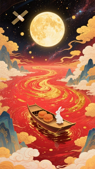 梦幻奇幻风格插画，全景，小船（漂浮在红金色河流上，船上有玉兔和两个月饼 ）居画底部，星空漩涡从小船向四周扩散成漩涡状星空（红金色交织） ，中央巨大的发光满月，卫星，超现实的星空河流世界，梦幻感，色彩以预览效果