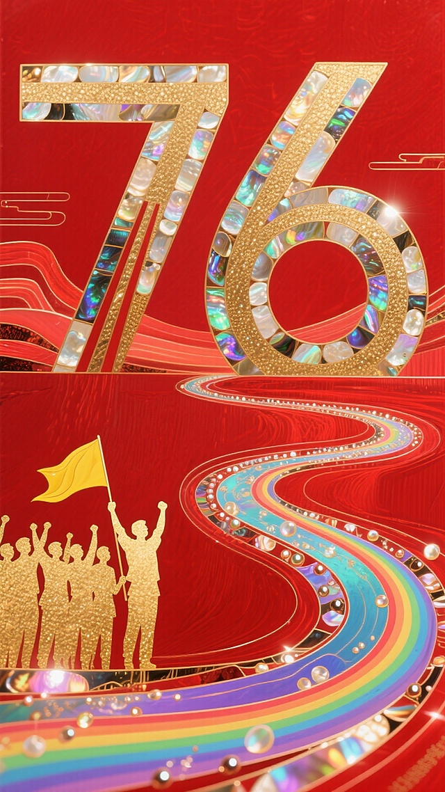 国潮风融合鎏金与浮雕设计，大字“76”镶嵌璀璨珠光，剪影人群高举旗帜，彩虹光带蜿蜒向前，尽显喜庆、奢华与热血励志之感。