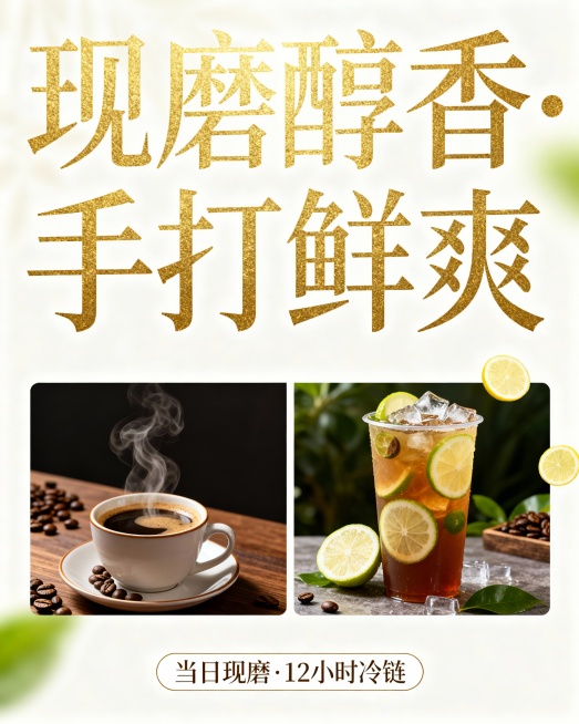帮我制作一个图片，主题是：现磨咖啡☕️，手打柠檬茶，要有产品同时还要展示卖点，画面高级吸引人 突出主题 字体也许吸引人高级 ，文字大些，图案小些预览效果
