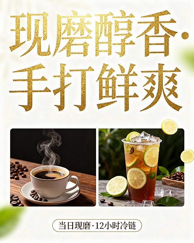 帮我制作一个图片，主题是：现磨咖啡☕️，手打柠檬茶，要有产品同时还要展示卖点，画面高级吸引人 突出主题 字体也许吸引人高级 ，文字大些，图案小些