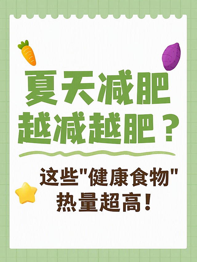 小红书笔记大字封面，纯大字，ins清新健康科普风，版式精美，小红书笔记封面质感，适合信息流点击。版式骨架、分区比例、色调体系与参考图保持一致（相似度约70%），文案与配图换为用户本次内容。主标题必须完整呈现且为画面视觉中心，逐字锁定：「夏天减肥越减越肥？」。主标题字号占画面约50%视觉权重，清晰可读，不得增删改字。副标题：「这些"健康食物"热量超高！」。背景：浅绿色网格底+白色便签纸卡片区域，顶部波浪形撕边，参考图同款清新减脂餐海报版式。标题排版：扁平粗黑体，主标题绿色大字，副标题深棕色，置于白色卡片顶部居中，左侧胡萝卜emoji、右侧紫薯emoji装饰（不与主标题逐字混排）。装饰：黄色星星小贴纸1个，手绘波浪下划线1条，整体清爽健康减脂风。画面底部不要出现二维码区域。整体氛围：健康科普、清新醒目、生活化。画质：高清细腻，信息层级清晰，主标题与背景强对比，文字完整处于安全区内不可裁切，四周留安全边距。图生图：严格使用用户上传图片，【图1】= 版式风格参考图，保留其浅绿色网格背景、白色便签卡片、顶部波浪撕边、绿色主标题+棕色副标题的配色体系、左右食物emoji装饰语言，替换为本次标题文案。